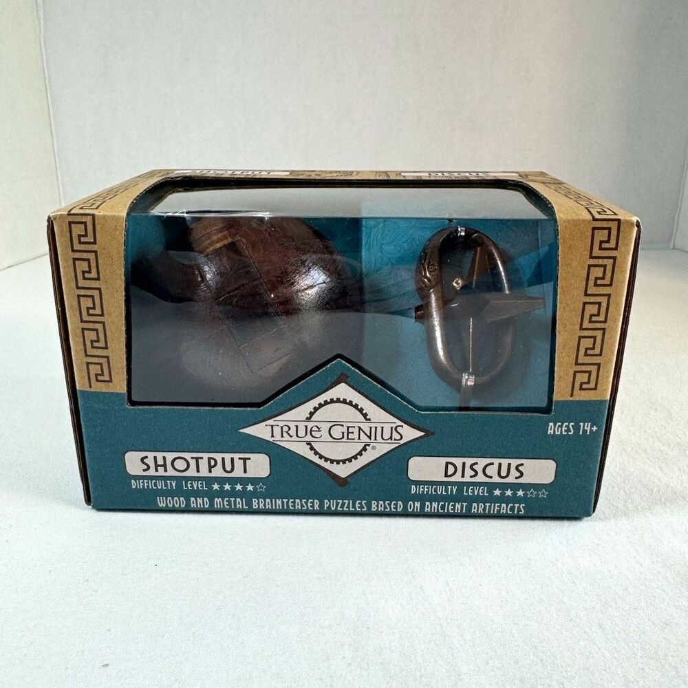 True Genius Shotput & Discus Brain Teaser Puzzle Set, Wood/Metal, Ancient Greece